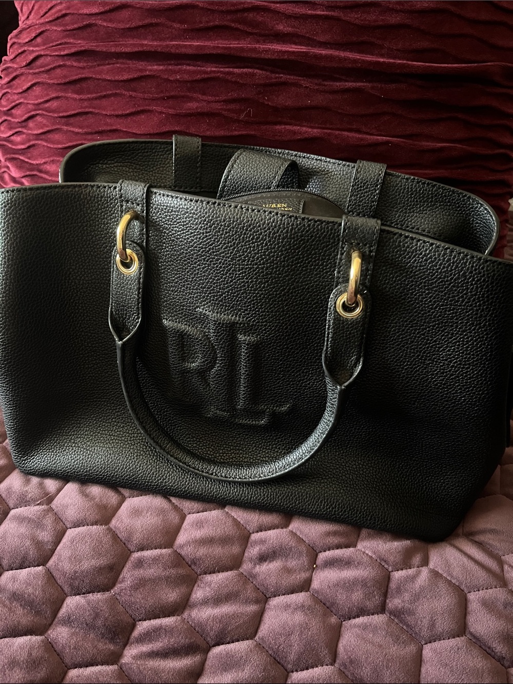 Ralph Lauren Black Pebbled Leather Tote with Gold Rings and Embossed RL